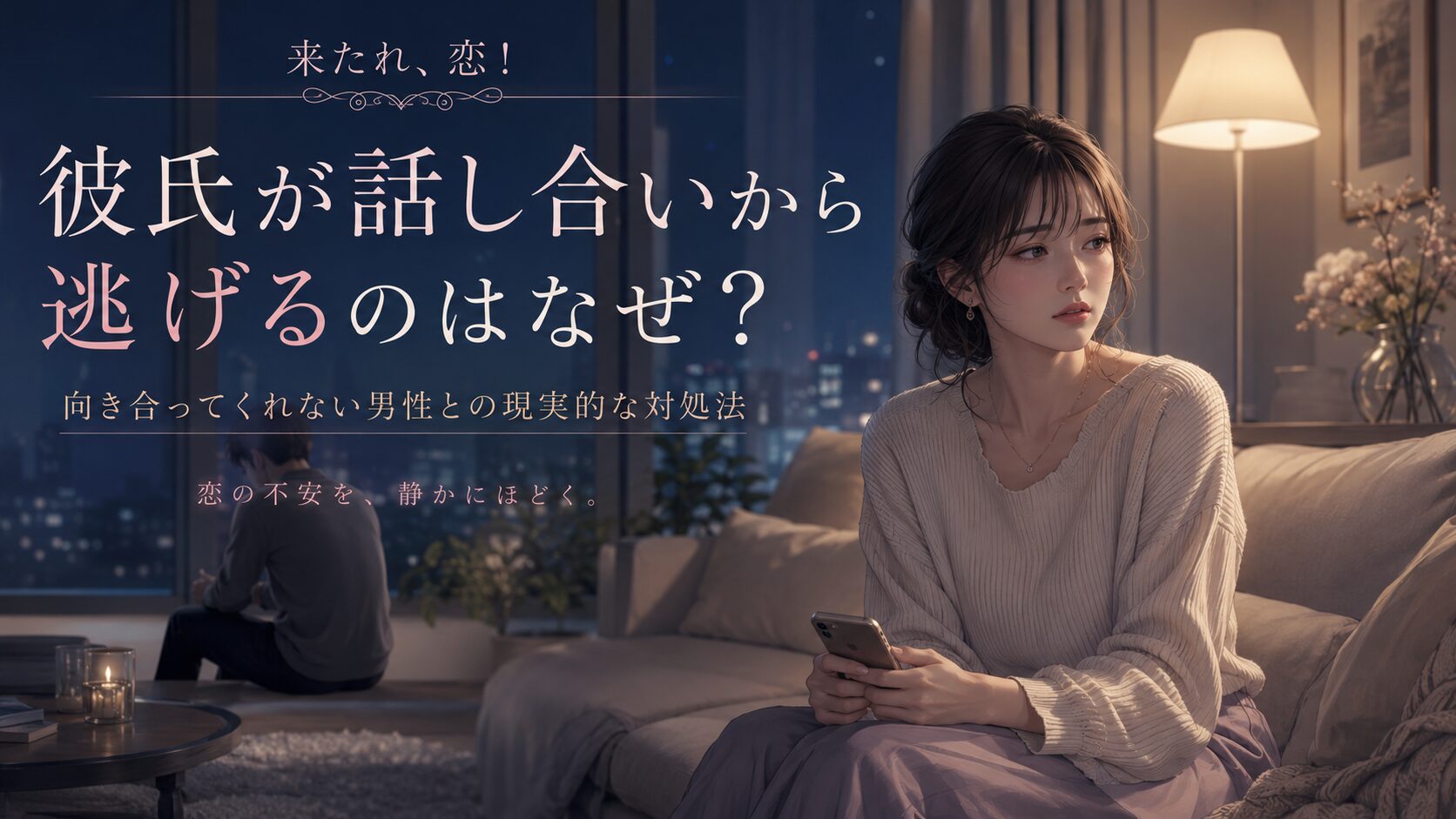 夜のリビングで彼氏に背を向けられ、不安そうにスマホを握る女性のイラスト