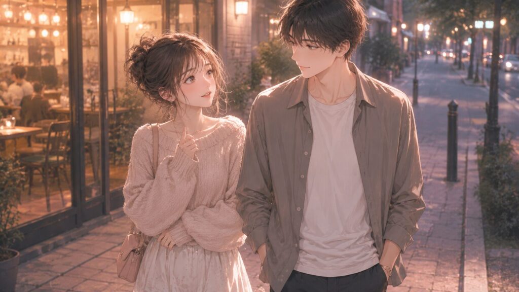 好きバレを自然な行動に変えるため、夕方の街で男性に軽く誘いを出す女性のイラスト