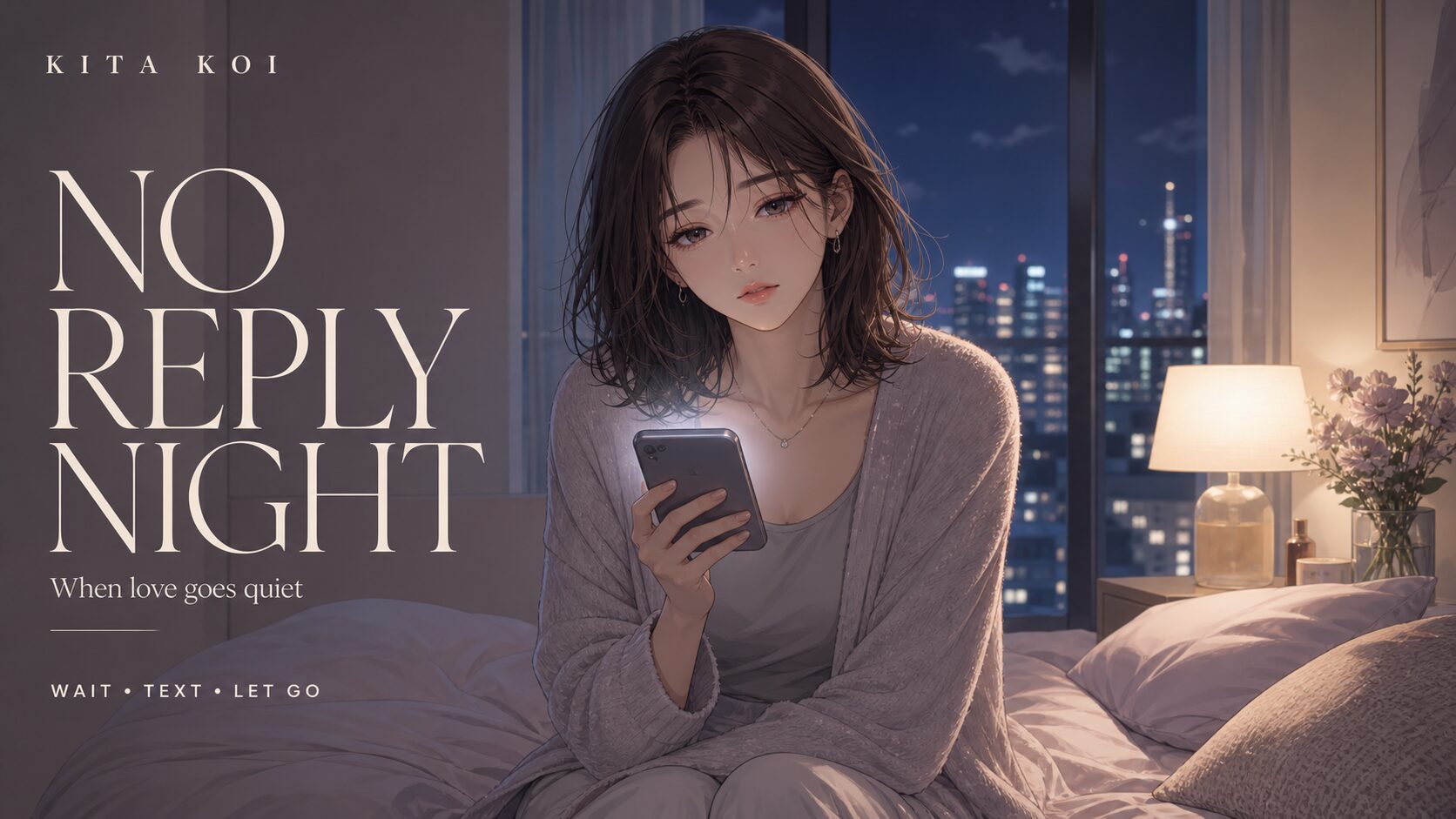 彼氏から連絡こない夜にスマホを見つめ、不安と冷静さの間で揺れる女性のイラスト