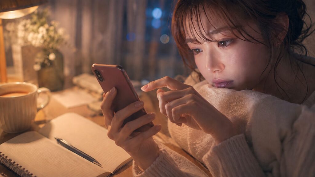 追いLINEを送る直前にスマホの画面で指を止めて考える女性のイラスト