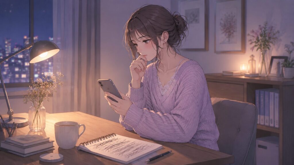夜の机でスマホを見ながら、送るLINEを迷っている女性