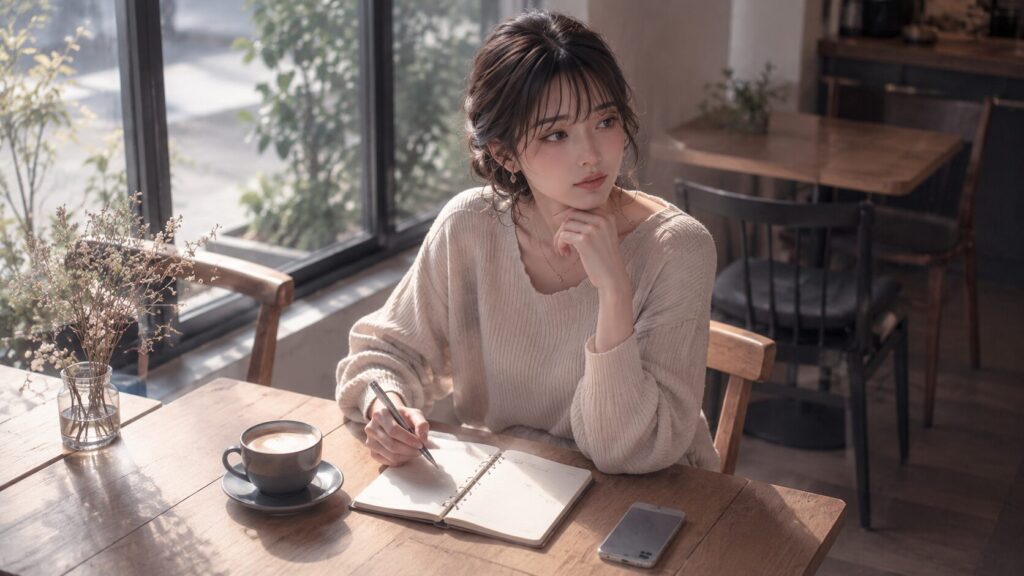 カフェで彼氏との話し合いに向けて、ノートに気持ちを整理する女性のイラスト