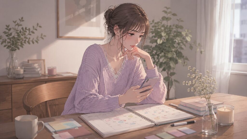 カレンダーとスマホを見ながら、彼氏から連絡がない日が続くパターンを整理する女性