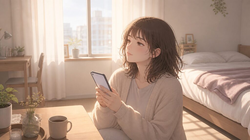 自衛隊の彼氏に会えない悩みを一人で抱えず、朝の部屋でスマホを見ながら次の選択肢を考える女性のイラスト