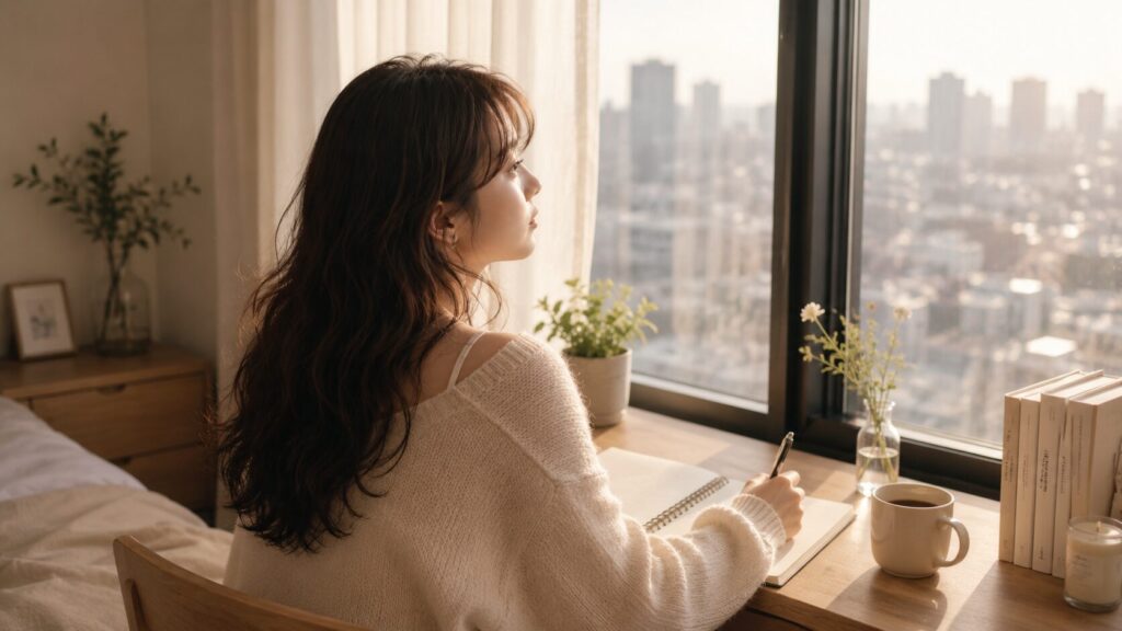 恋愛感情が冷めたのか落ち着いただけなのかを確かめるため、朝の窓辺で気持ちを書き出す女性のイラスト