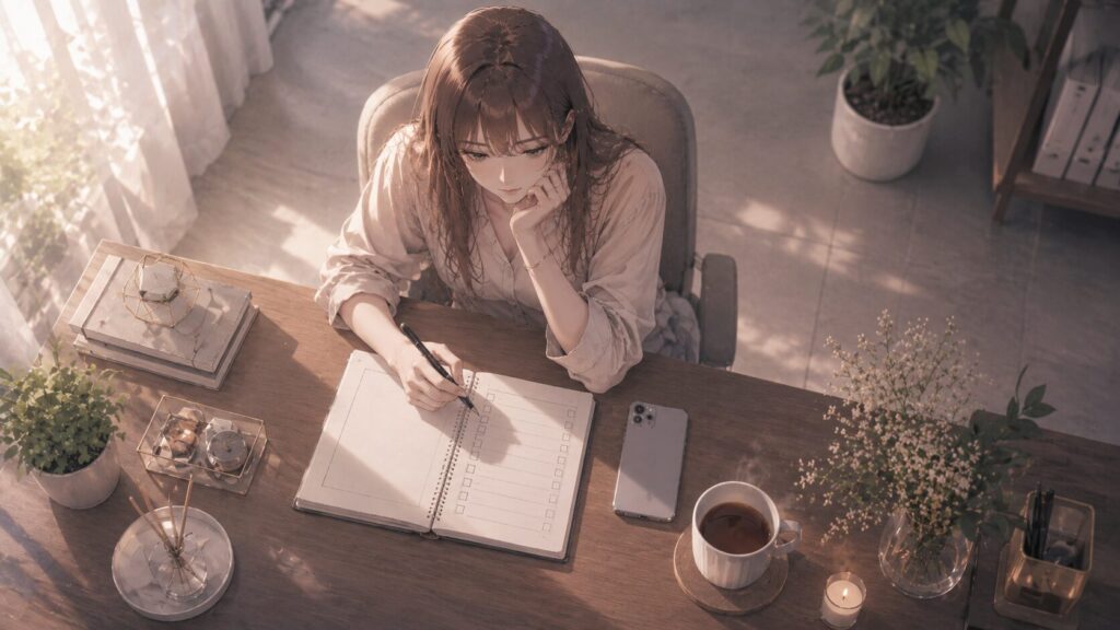 朝の机でスマホとノートを前に、自分の恋愛状況を整理する女性のイラスト