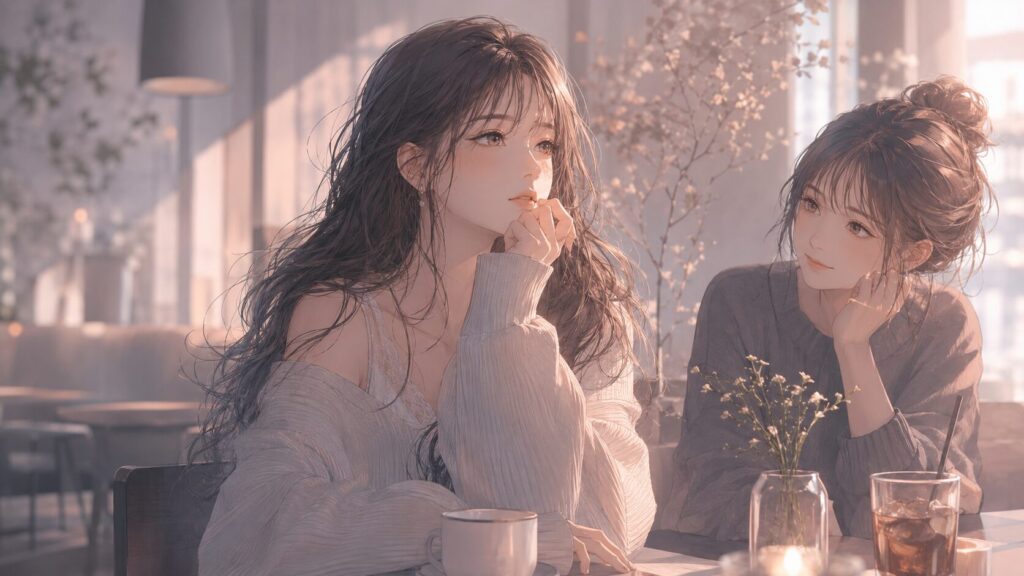 友人とのカフェ時間の中で、恋愛における会った後の余韻の大切さに気づく女性のイラスト