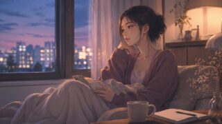 恋愛に振り回される不安を抱えながら、夜の部屋でスマホを手に自分の気持ちを見つめ直す女性