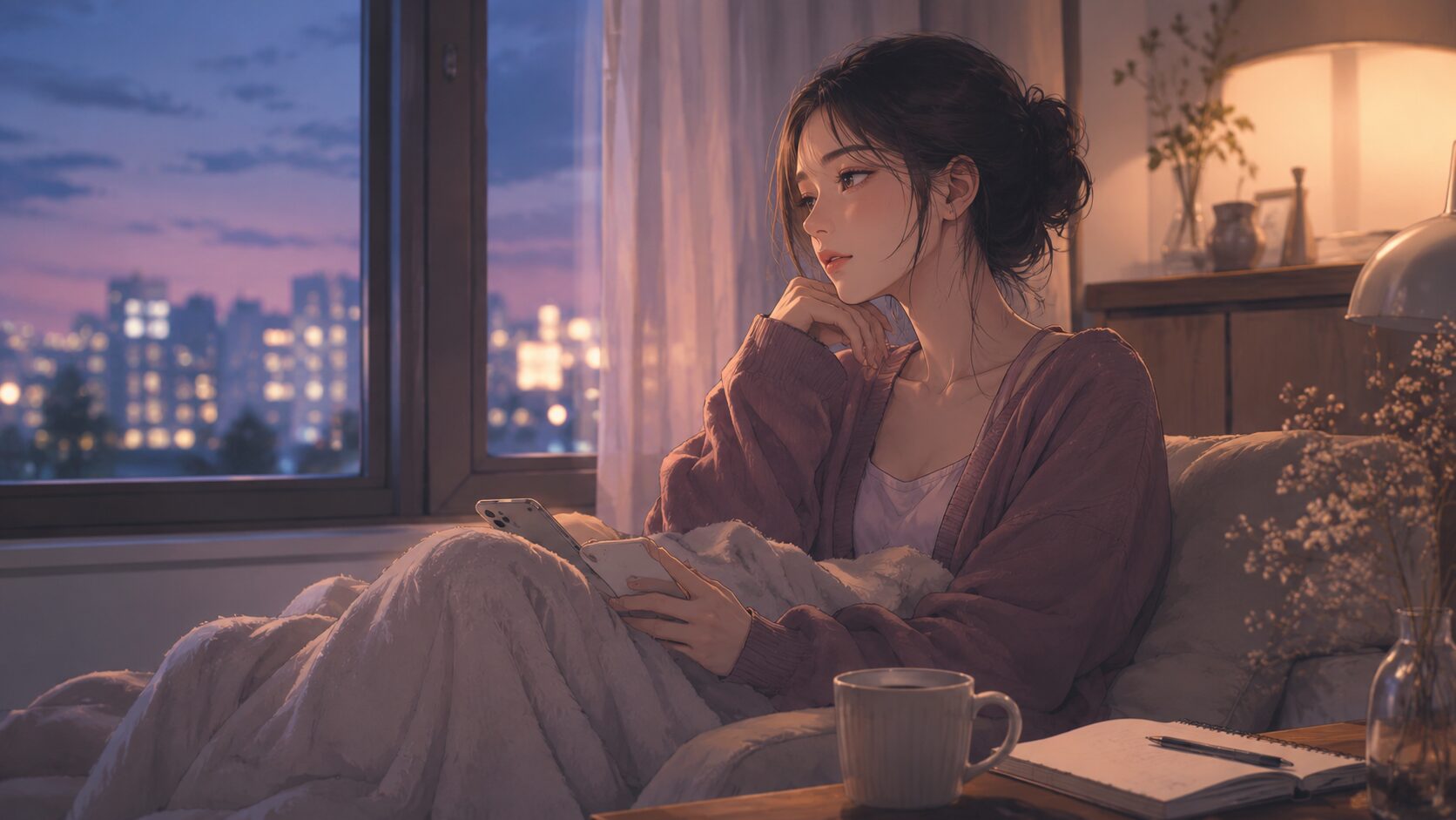 恋愛に振り回される不安を抱えながら、夜の部屋でスマホを手に自分の気持ちを見つめ直す女性