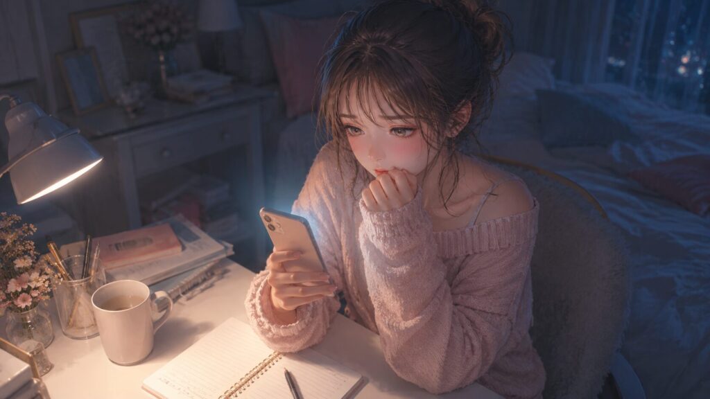 好きバレで関係が壊れる不安を抱え、夜の部屋でスマホを見つめる女性のイラスト