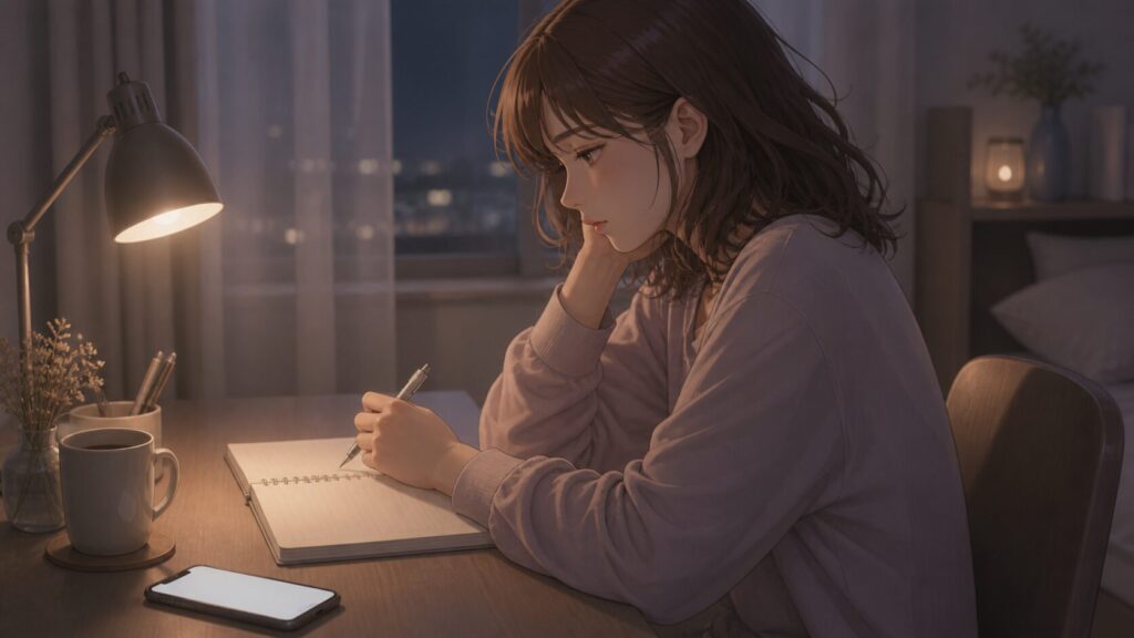 自衛隊の彼氏に会えない恋を続けられる形かどうか、夜の机でノートに気持ちを整理する女性のイラスト