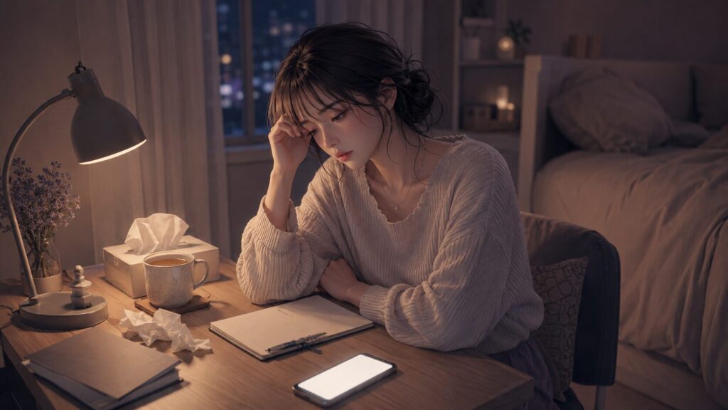 深夜の机で長文メッセージを前に疲れた表情を浮かべる女性のイラスト