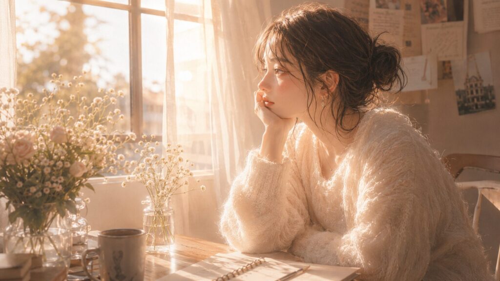 返報性の原理を恋愛に応用する意味を考えながら、窓辺で静かに外を見つめる女性のイラスト