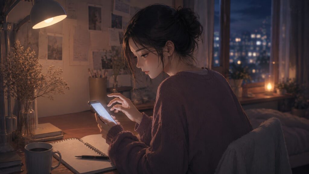 夜の机でスマホに触れながら、責める言葉を送る前に立ち止まっている女性