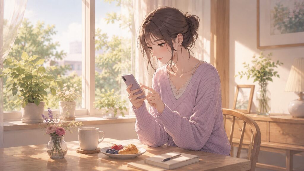 朝の光が入る部屋で、落ち着いた表情でスマホを操作する女性