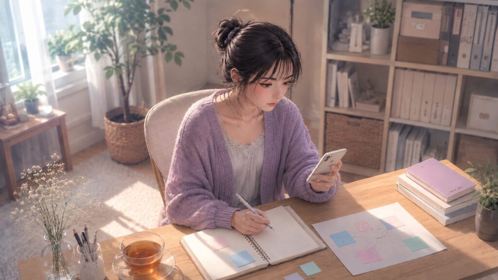 机でスマホとノートを見ながら、彼氏から連絡こない理由を状況別に整理する女性