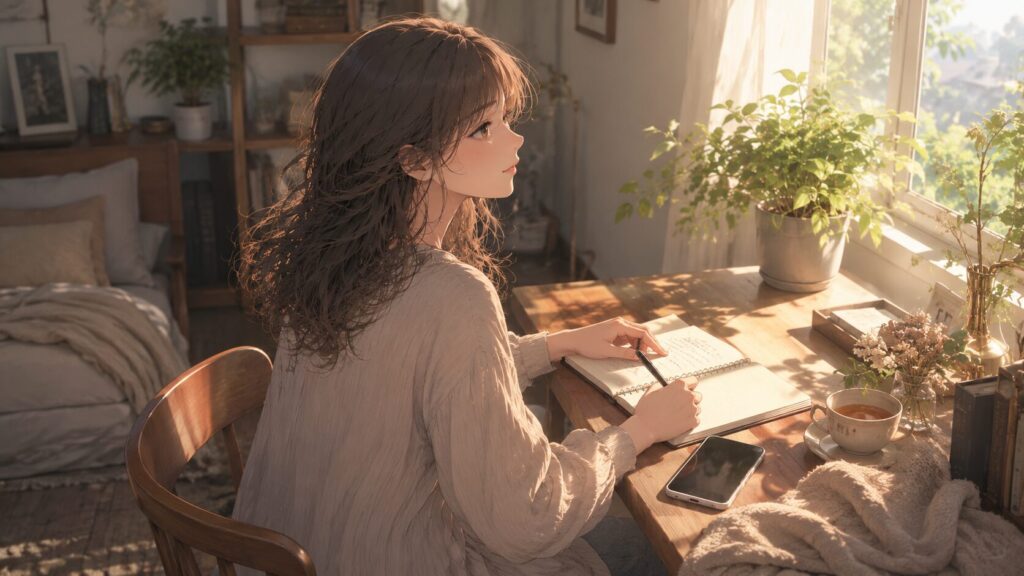 朝の窓辺でノートに気持ちを書き出す女性。恋愛の迷いを整理して次の行動を考えるイラスト