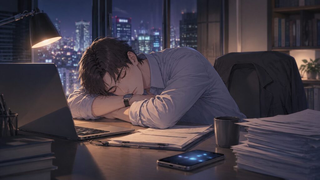 夜遅くまで仕事をして疲れて眠ってしまった男性と机の上のスマホ
