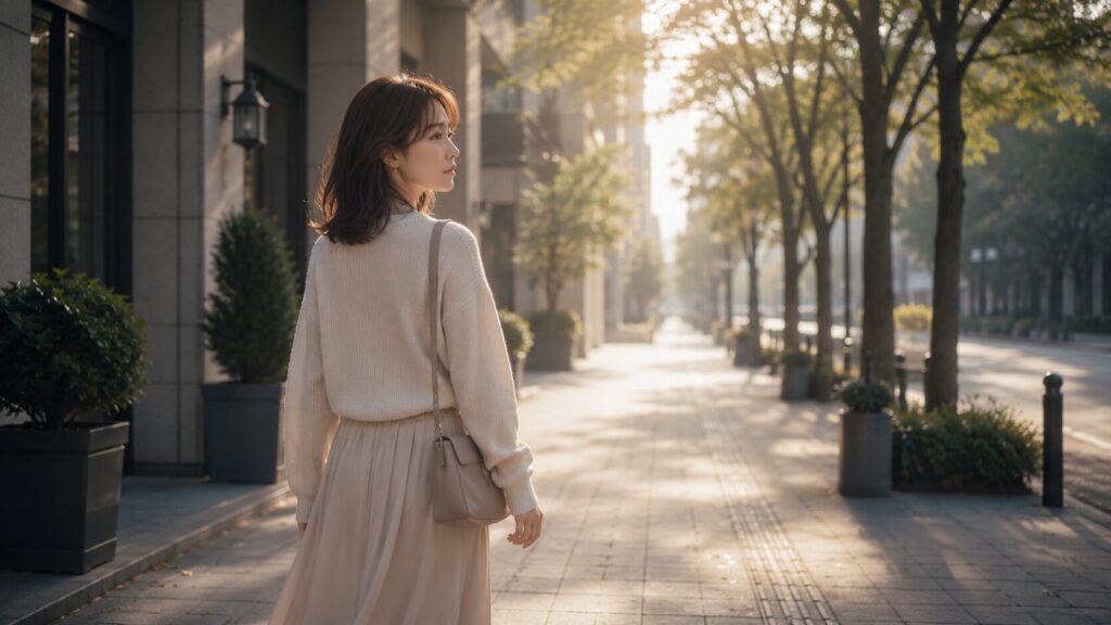 不満を伝えても変わらない彼氏との関係を見直し、朝の街を一人で歩き出す女性
