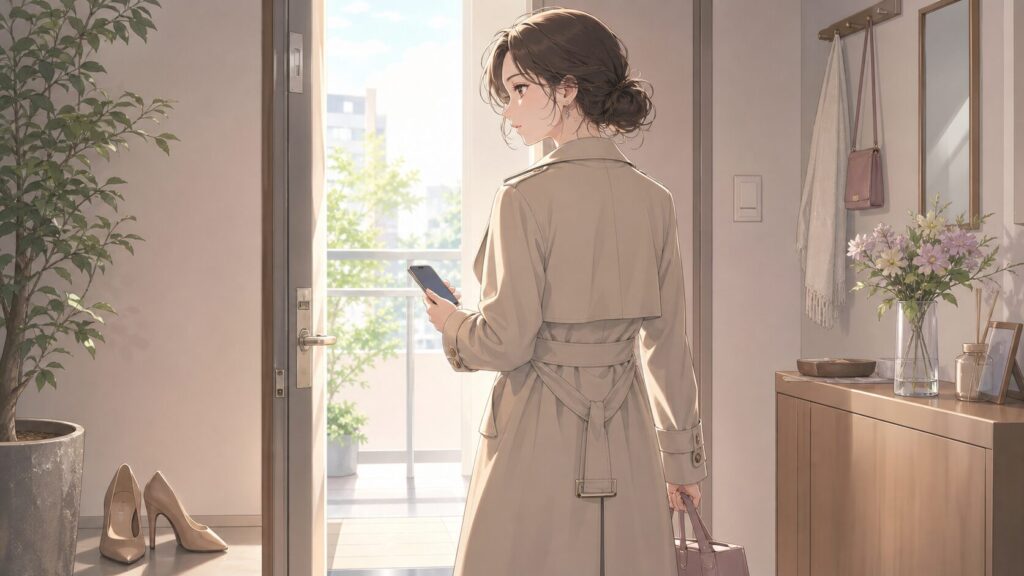 彼氏を待つべきか見切るべきか、玄関先で外へ出る選択を考える女性のイラスト