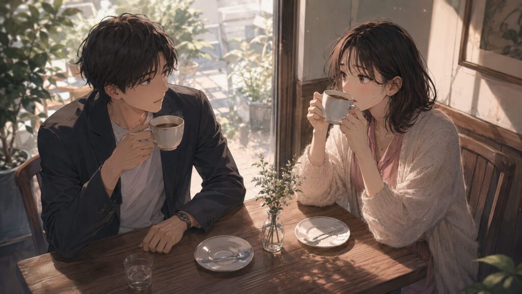 カフェデートで相手の動きを真似しすぎて、男性に小さな違和感を持たれている女性のイラスト