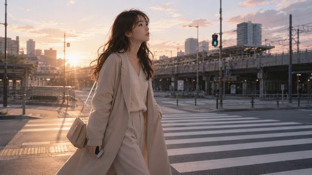 愛情が戻らない関係から一歩踏み出し、朝の駅前で新しい道へ歩き出す女性のイラスト