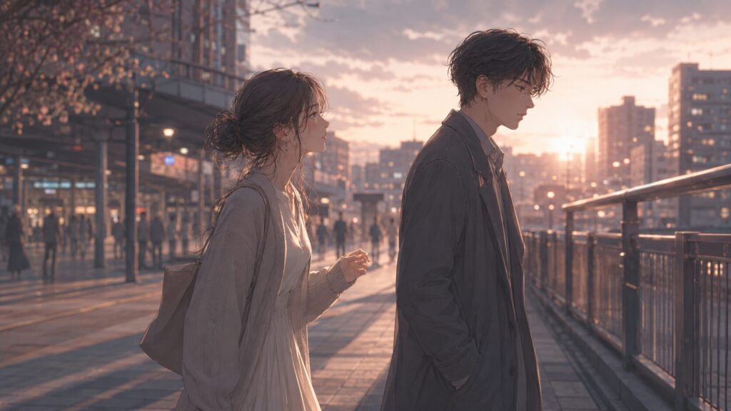 夕方の街で並んで歩きながらも微妙な距離が生まれている男女のイラスト