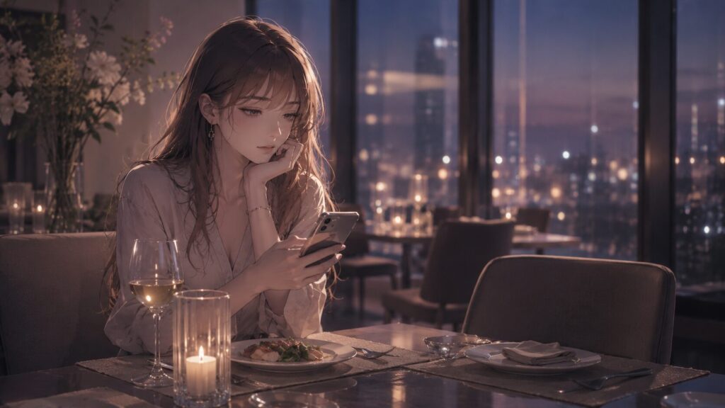 約束のないまま食事の席でスマホを見つめる女性のイラスト