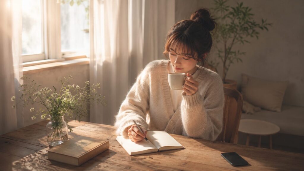 窓辺でお茶を飲みながらノートを書く、彼氏に依存しない自分の時間を取り戻した女性のイラスト