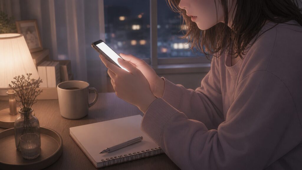 自衛隊の彼氏に会えないつらさを伝えるため、夜の机でスマホを握り送信前に深呼吸する女性のイラスト