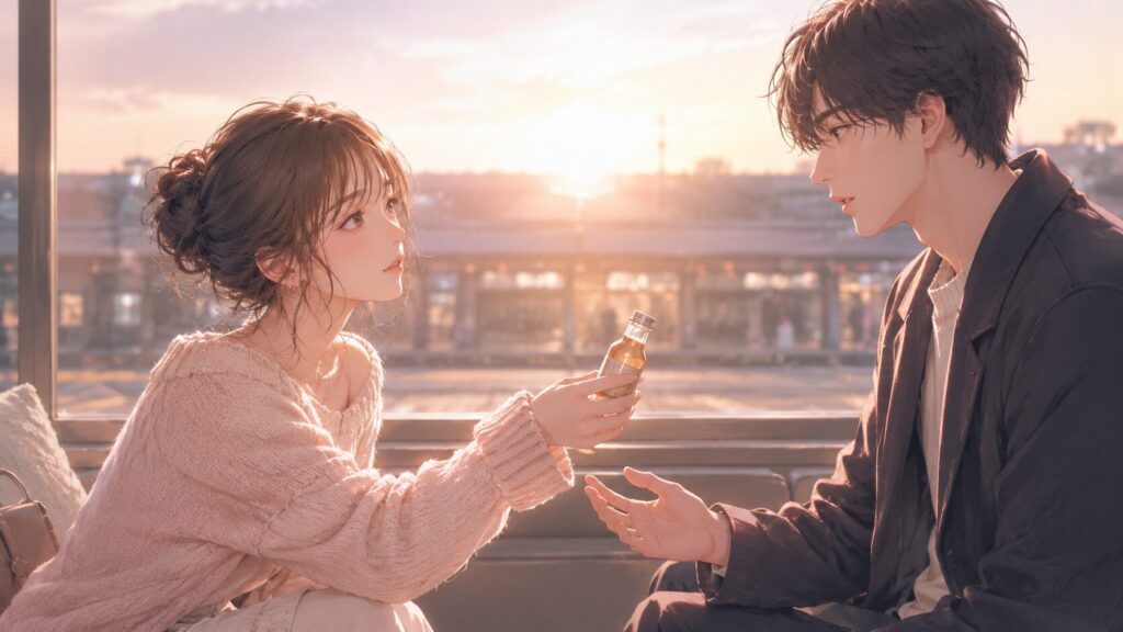 好きバレによる好意の返報性を表す、男性にさりげなく飲み物を差し出す女性のイラスト