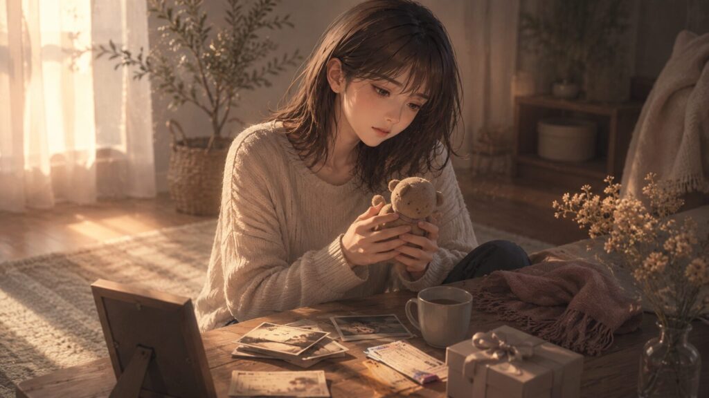 思い出の写真やプレゼントを前に、彼氏との関係を手放せない理由を見つめる女性