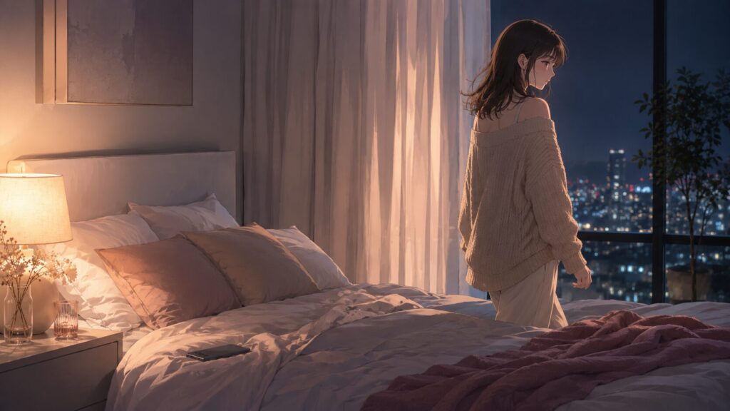 不安なスマホ確認をやめるため、スマホを伏せて窓辺へ向かう女性のイラスト
