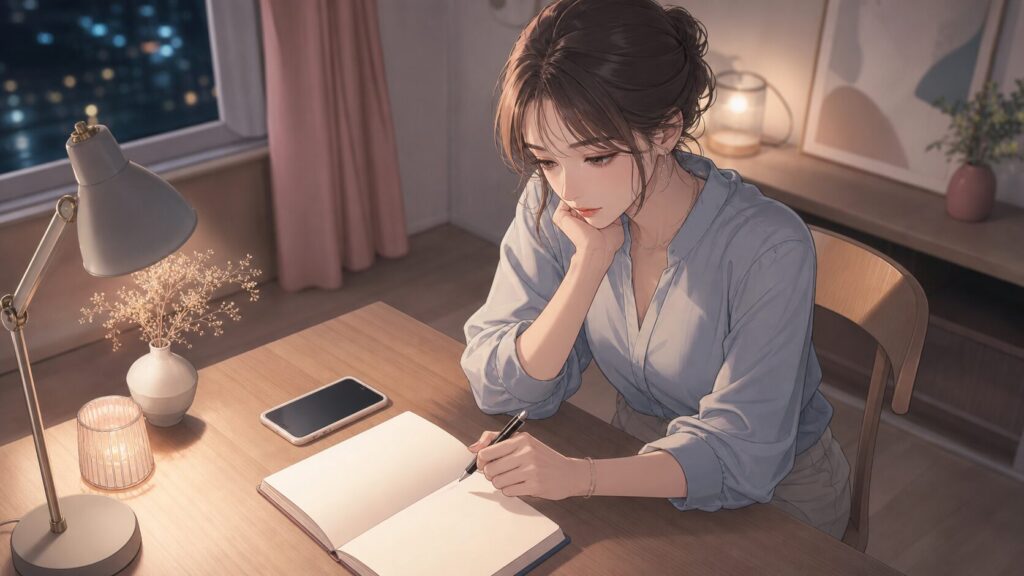 スマホの返信画面を見ながら、彼氏の愛情より説明責任を考え直す女性のイラスト
