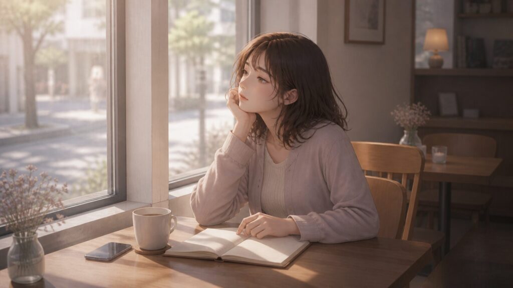 自衛隊の彼氏に会えない限界を感じた後、カフェの窓辺でスマホを伏せて自分の気持ちを整理する女性のイラスト
