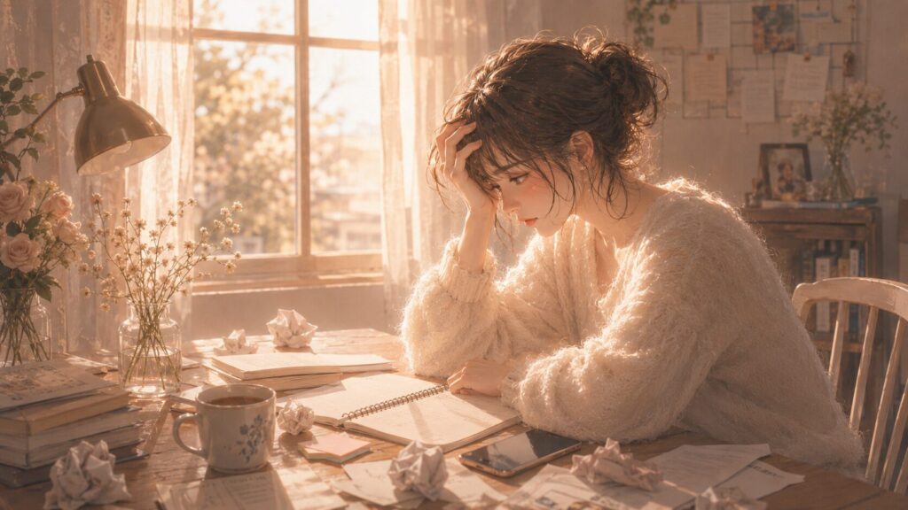 散らかった机の前で頭を抱え、恋愛の駆け引きや不安に迷う女性のイラスト