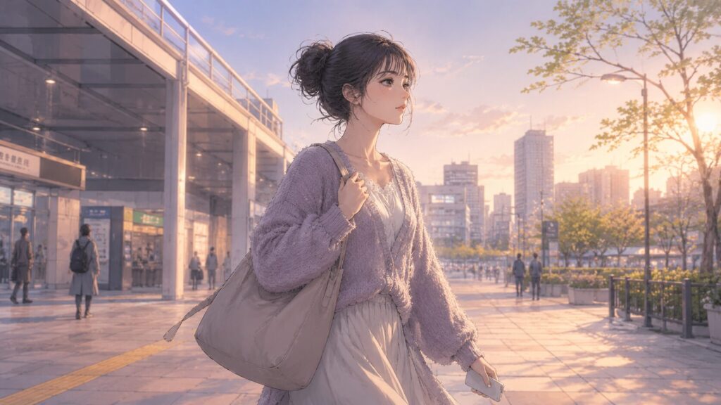 夕暮れの街を前を向いて歩く女性と、彼氏から連絡こない恋に答えを出そうとする場面