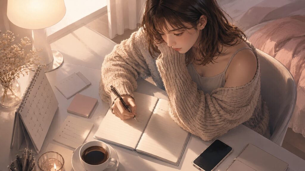 彼氏から連絡がない状況をノートに書き出して冷静に整理する女性のイラスト