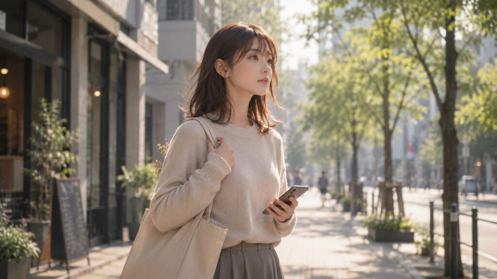 朝の街を歩きながら、彼氏との関係を見直し次の行動へ進もうとする女性