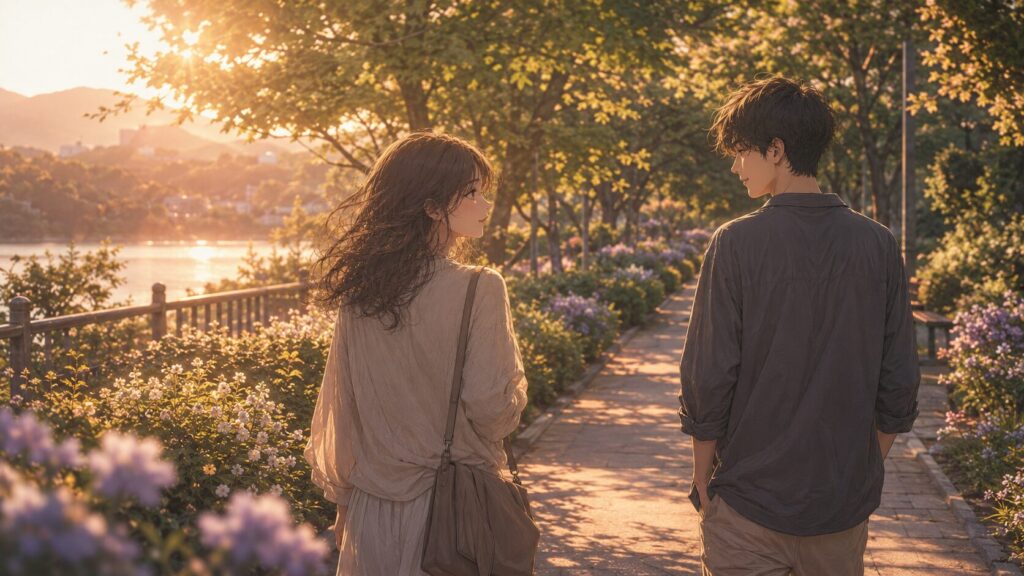 夕暮れの湖畔を自然な距離で歩く男女。安心して高揚できる恋愛の空気を描いたイラスト