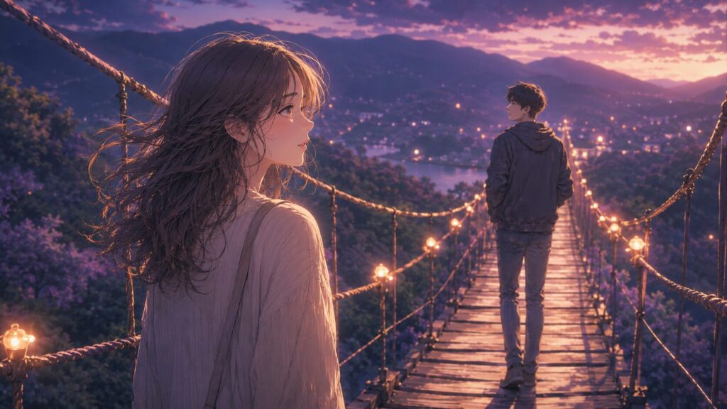 夕暮れの吊り橋で向かい合う男女。緊張と恋愛感情の境界を描いたイラスト