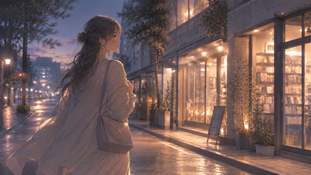 冷たい恋から視野を広げるため、夕暮れの街を前向きに歩き出す女性のイラスト