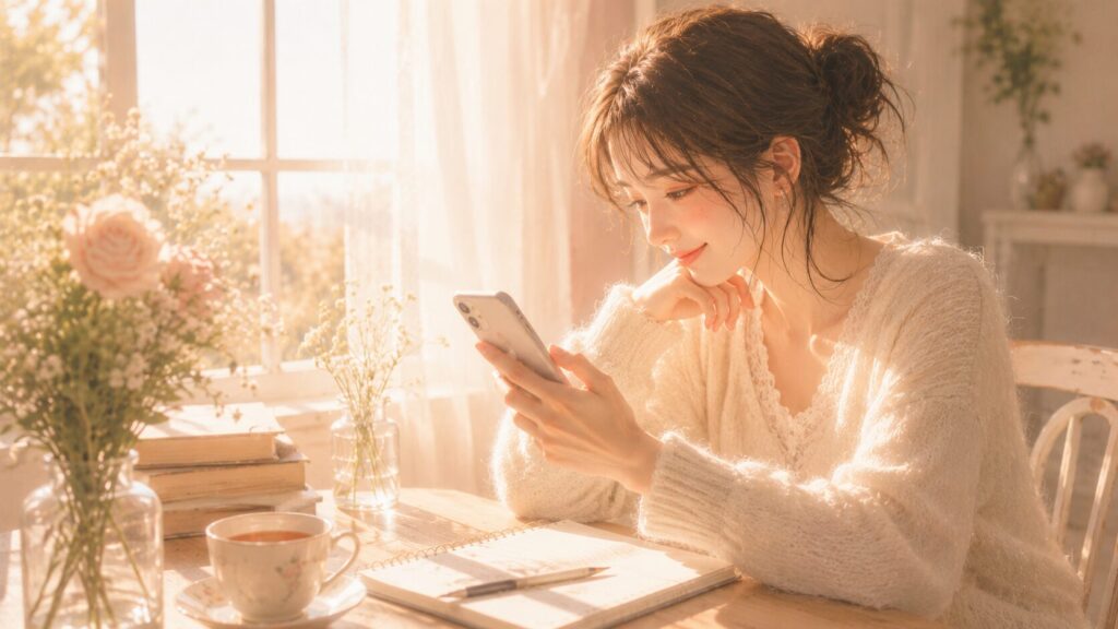 朝の光の中でスマホを見つめ、前向きな気持ちでLINEを送ろうとする女性のイラスト