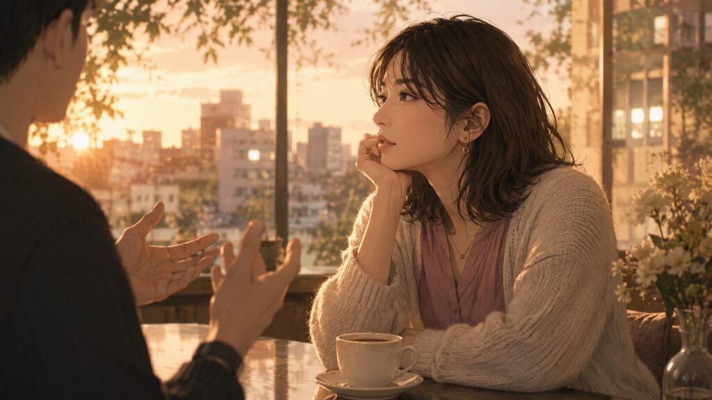 夕方のカフェで相手の話を静かに聞き、恋愛で真似る前に観察する大切さに気づく女性のイラスト