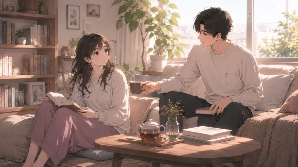 明るいリビングで穏やかに本を読む女性と、自然に飲み物を差し出す男性のイラスト