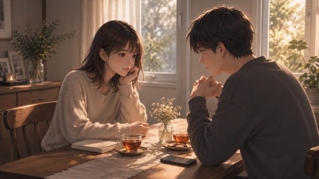 明るい部屋で彼氏と落ち着いて話し合い、関係を直そうとする小さな変化を感じる女性