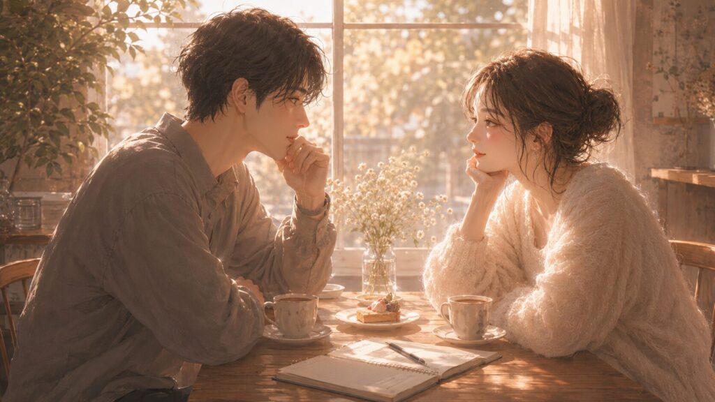 カフェで向き合いながら、恋愛の希望や譲歩について静かに話し合う男女のイラスト