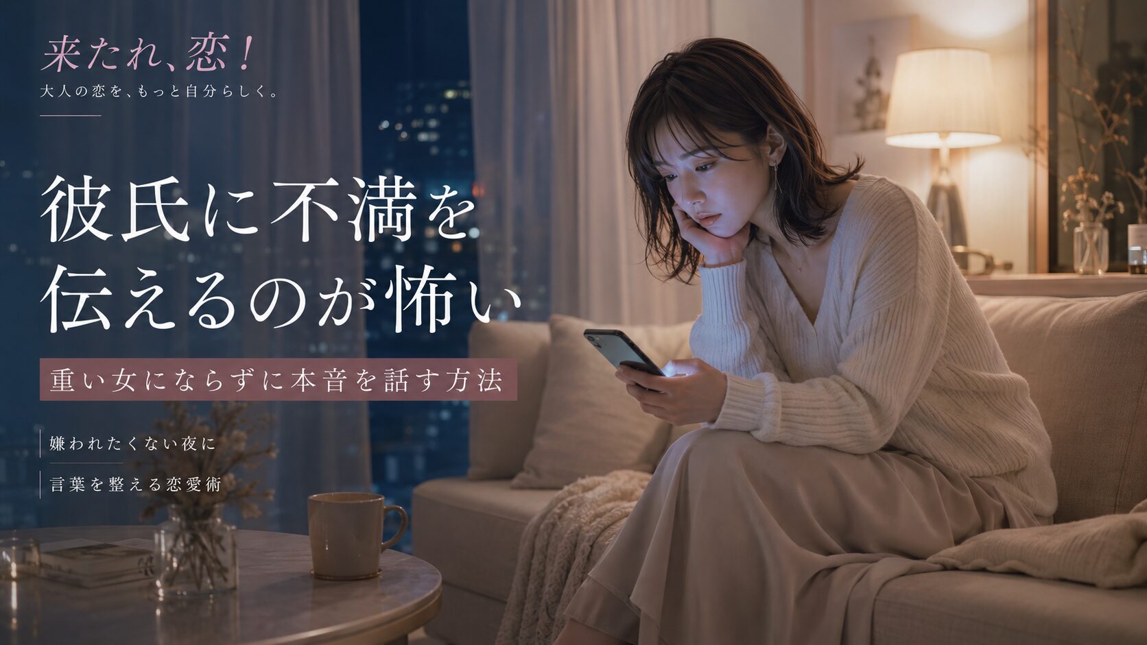 彼氏に不満を伝えるのが怖く、夜の部屋でスマホを握りしめながら本音を言えずに悩む女性