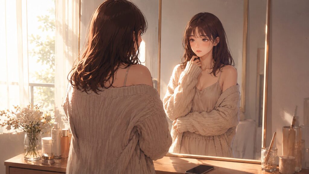 彼氏の返信ではなく、自分がどう扱われているかを見つめ直す女性のイラスト