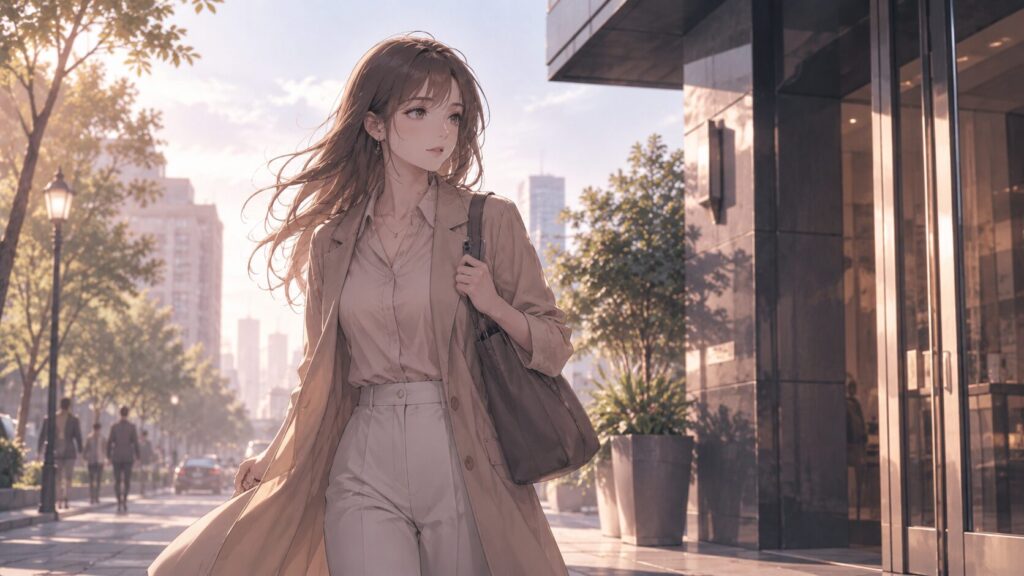 朝の街を前に、静かな決意を持って歩き出す女性のイラスト
